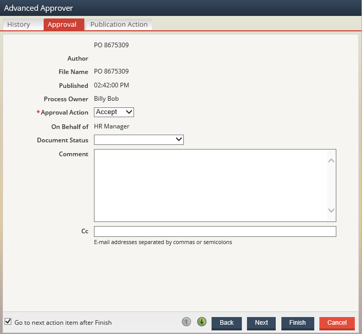 Screenshot of Approval tab within the Advanced Approver wizard.